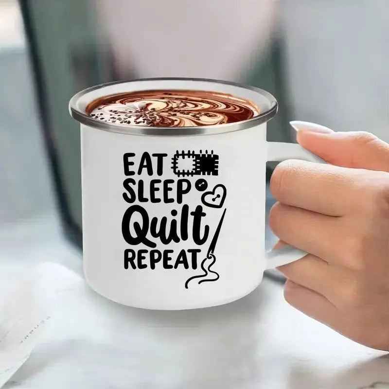 12oz Enamel "Eat, Sleep, Quilt, Repeat" Coffee Mug