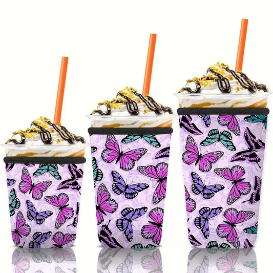 Pink Butterflies Print Insulated Cup Sleeve (hot & cold)