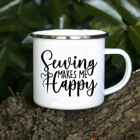 12oz Enamel "Sewing Makes Me Happy" Coffee Mug